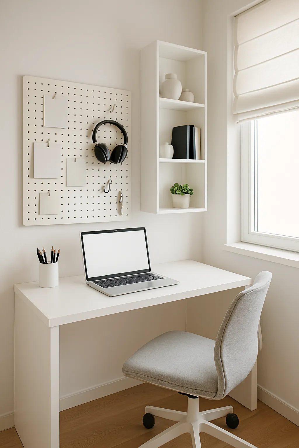 Espaço estreito com mesa branca de 90cm, cadeira de escritório comum e notebook próximo à janela