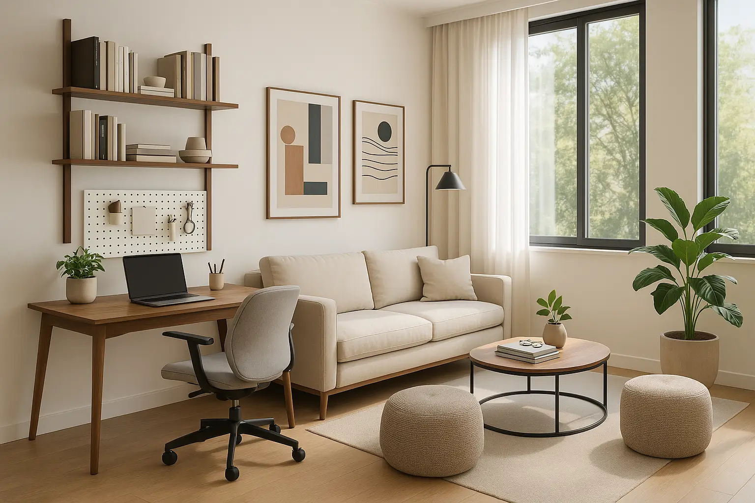 Sala com home office integrado, com sofá, mesa de madeira e cadeira de escritório