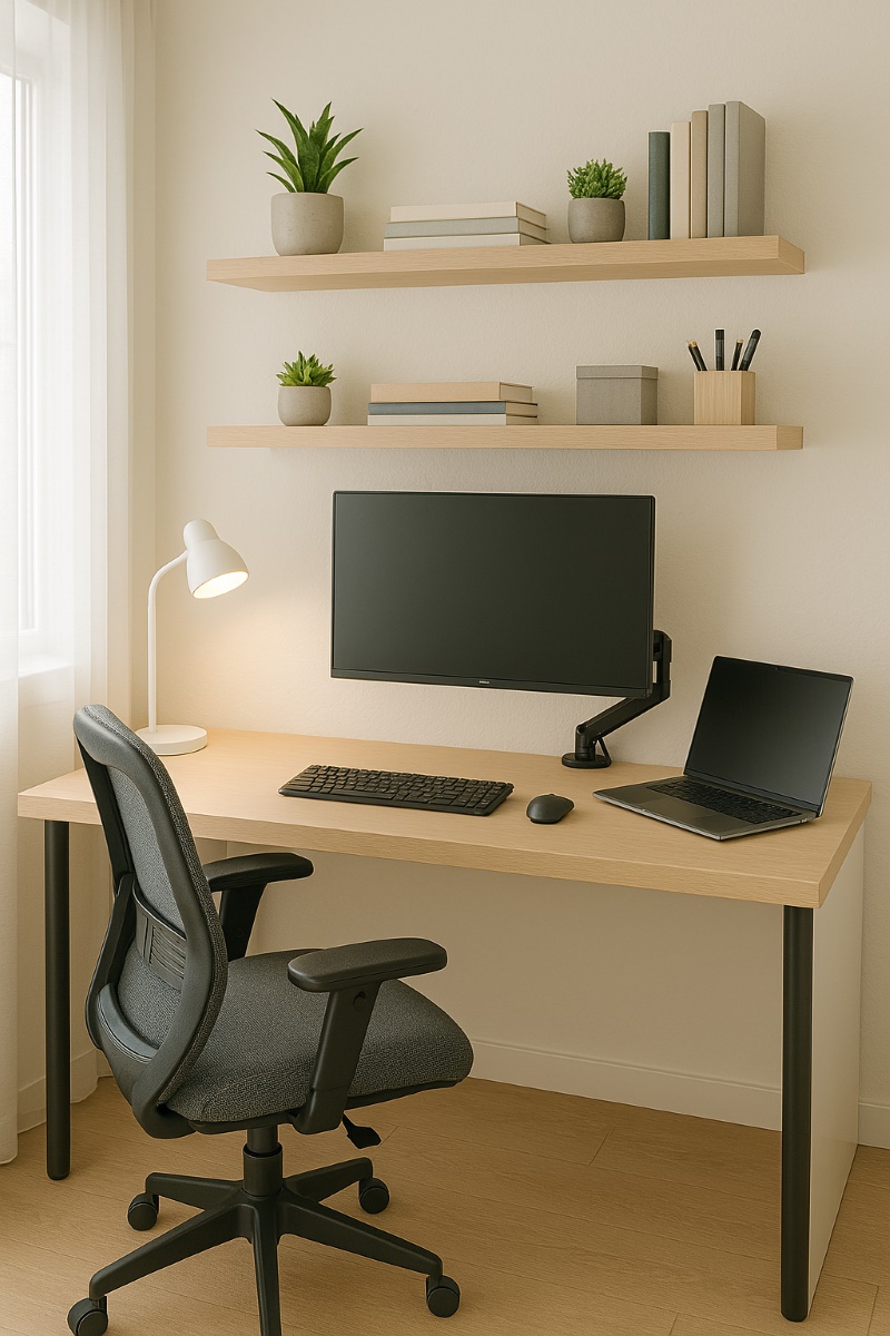 Home office estreito com mesa de metalon preto e tampo marfim, cadeira tela mesh e cortina longa