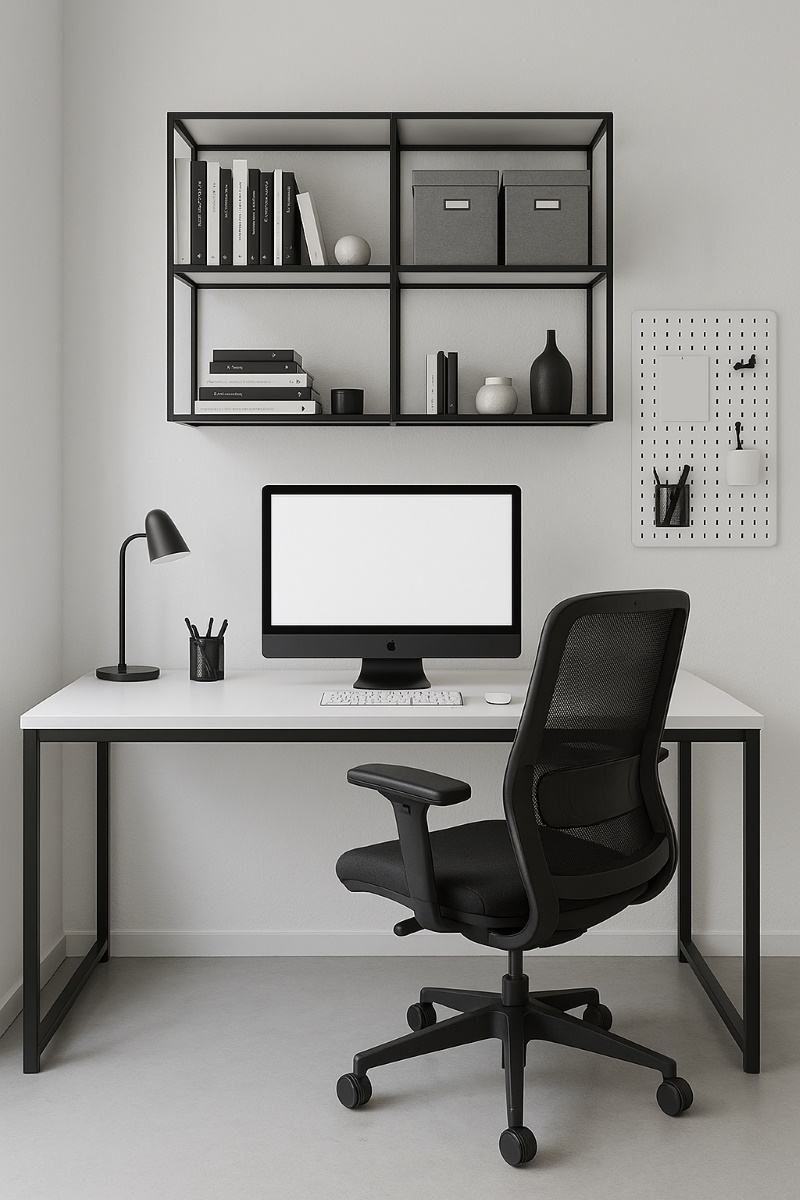 Home office industrial branco com mesa de 120cm em metalon preto, nichos e prateleiras para organização