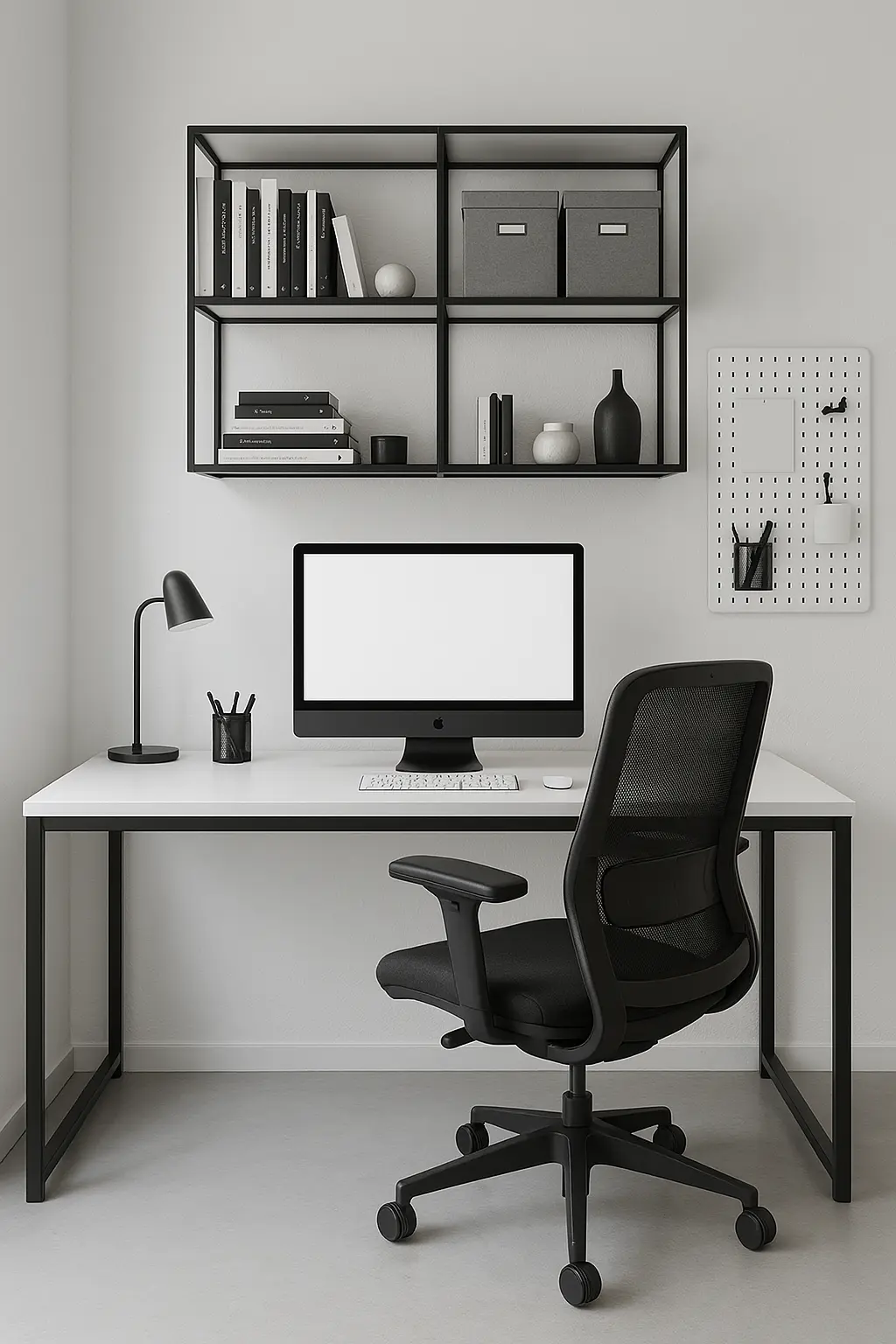 Home office industrial branco com mesa de 120cm em metalon preto, nichos e prateleiras para organização