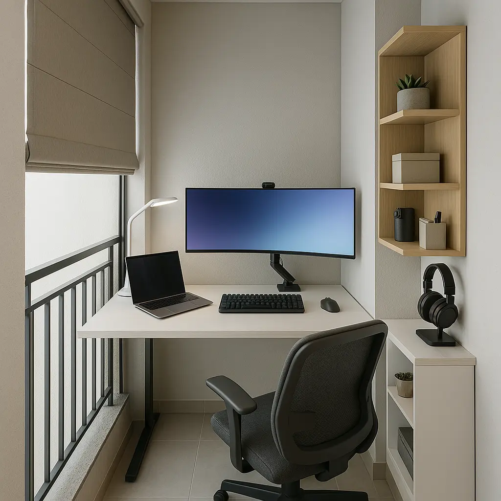 Home office estreito de 80cm montado na varanda com persiana romana e monitor curvado