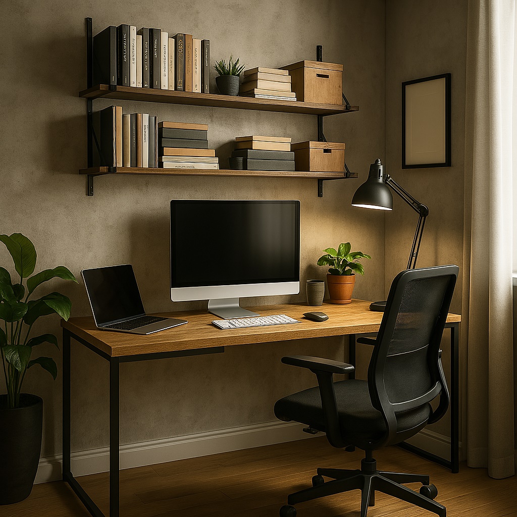 Home office industrial com mesa de madeira e metalon, cadeira ergonômica mesh e parede de cimento queimado