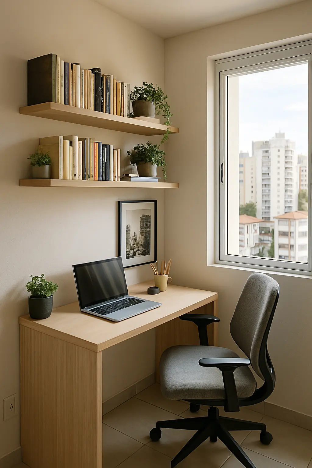 Home office básico próximo à janela com mesa e prateleiras em tons de madeira clara marfim, notebook e cadeira comum