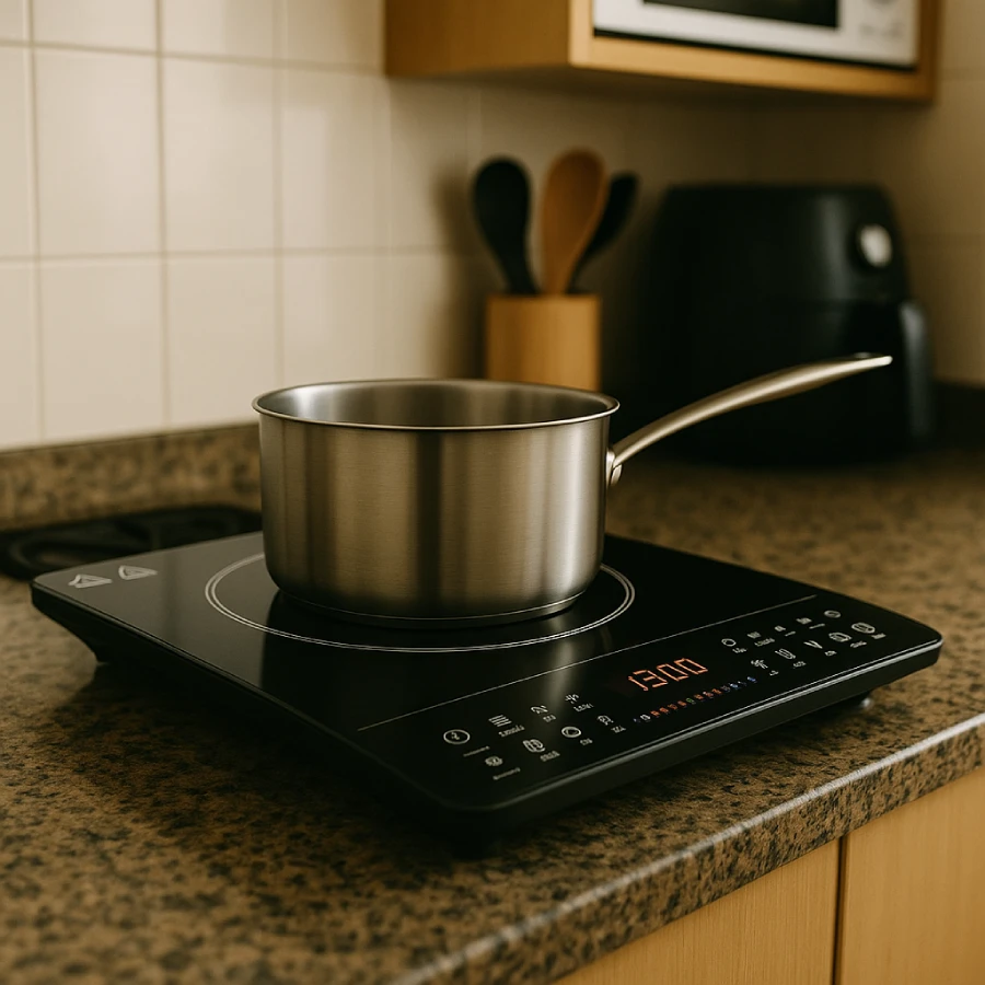 Cooktop de indução preto elegante instalado em uma bancada de cozinha moderna