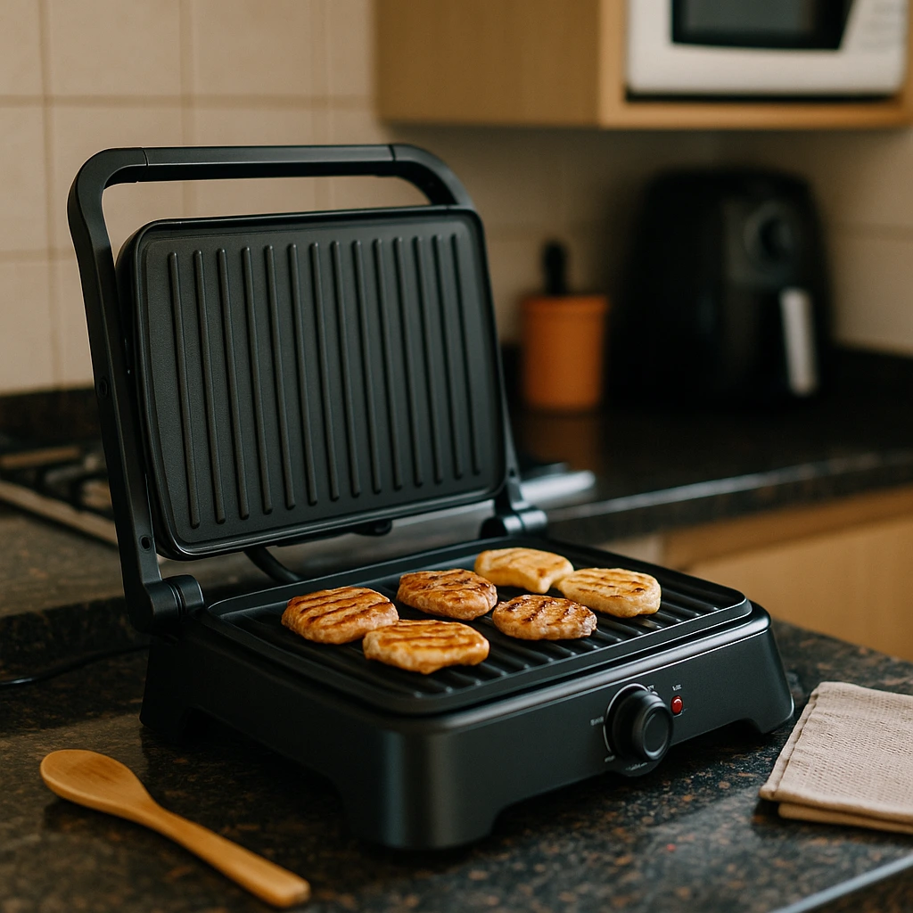 Grill elétrico aberto com legumes grelhados dentro