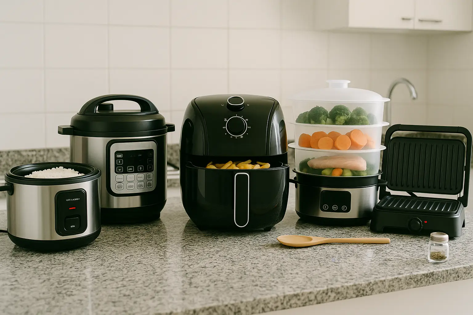 Lista de eletrodomésticos modernos de cozinha sobre uma bancada de mármore