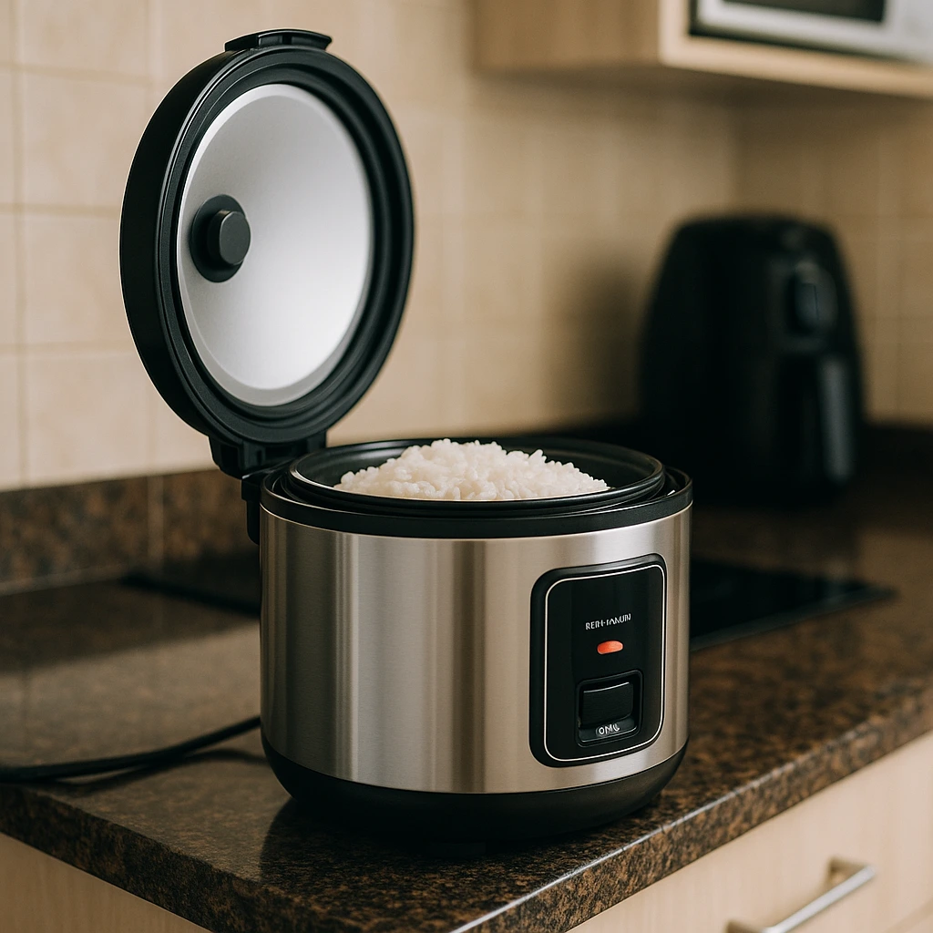 Panela de arroz elétrica moderna sobre uma bancada de cozinha