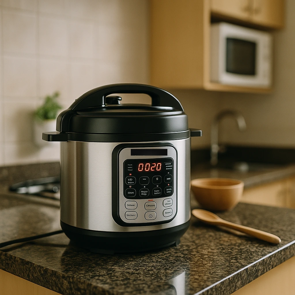 Panela de pressão elétrica moderna sobre uma bancada de cozinha
