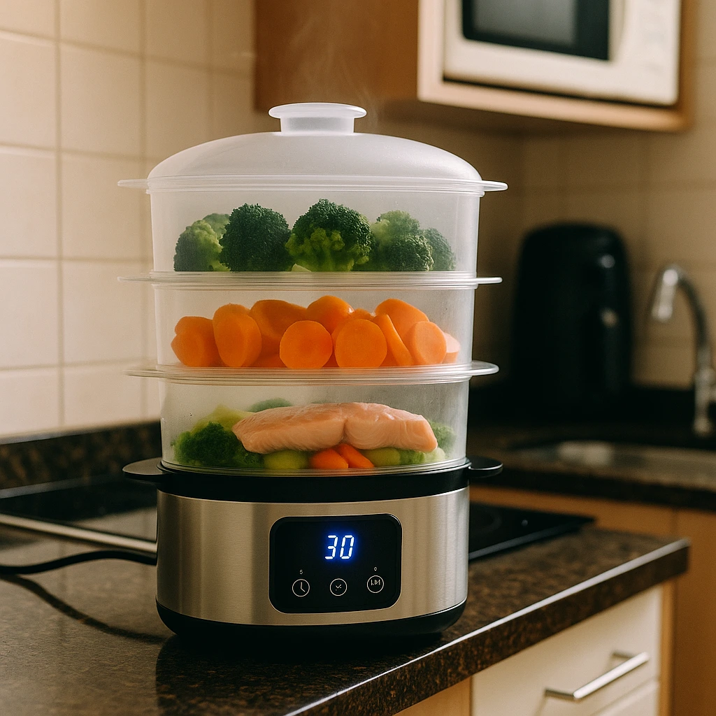 Vaporizador elétrico com legumes cozidos no vapor