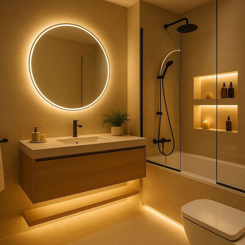 Iluminação frontal suave com COB LED ao redor do espelho no banheiro