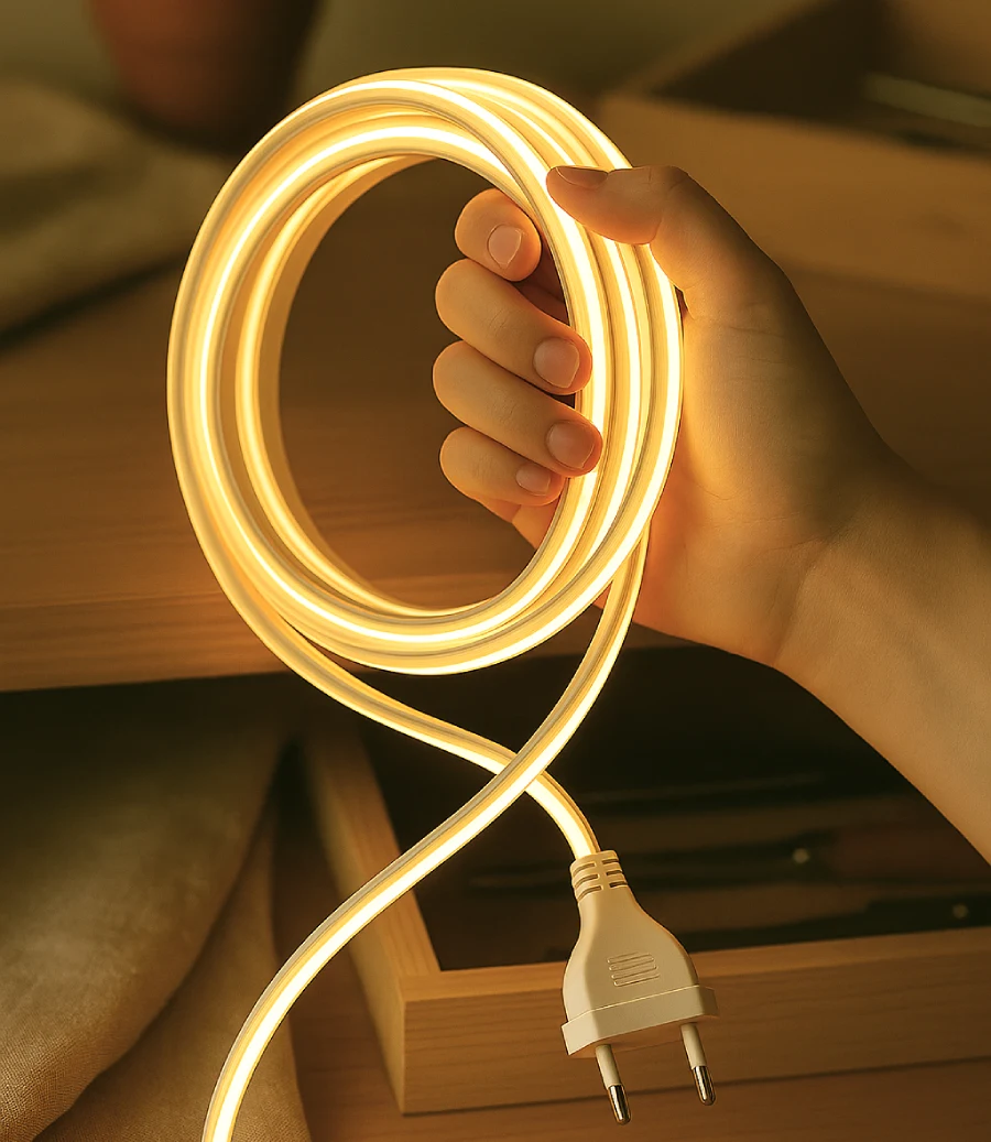 Mão segurando fita de COB LED, destacando sua flexibilidade e versatilidade