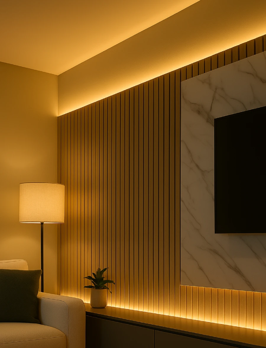 Sala de estar com sanca iluminada por COB LED branco quente, criando luz indireta no teto