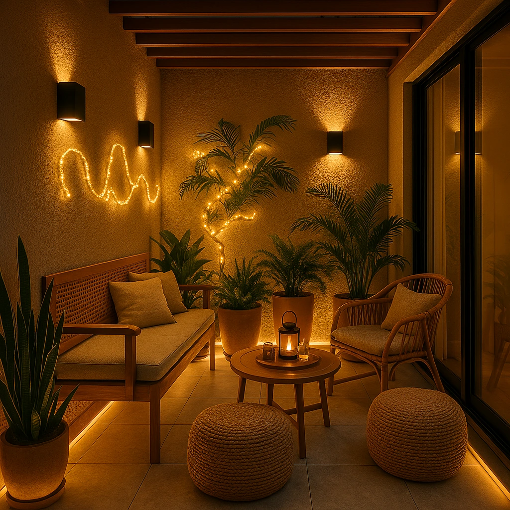 Iluminação acolhedora com COB LED em pergolado na varanda