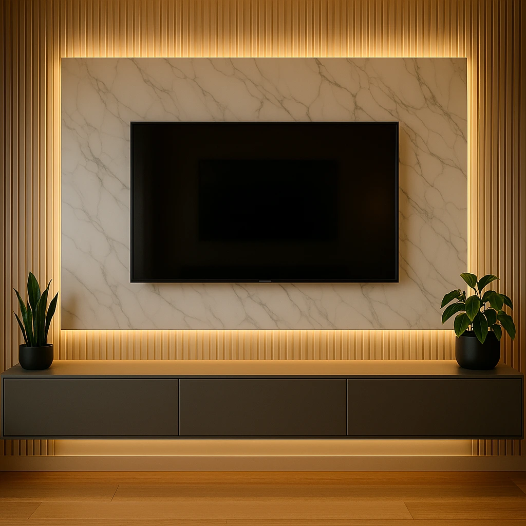 Iluminação indireta com COB LED atrás de painel de TV ripado na sala