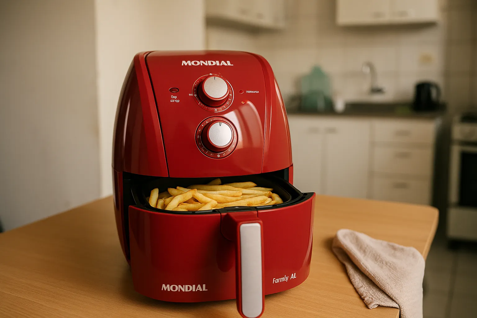 Uma air fryer vermelha da Mondial em uma cozinha moderna e iluminada