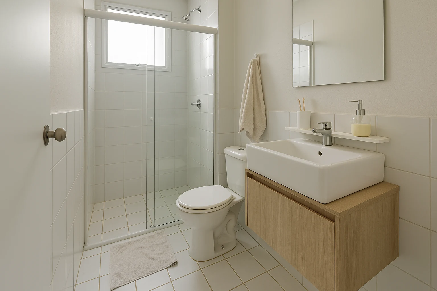 Banheiro pequeno minimalista e clean em apartamento de 32m²