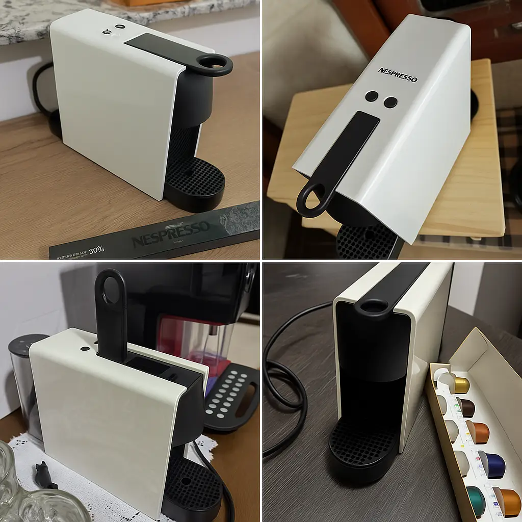 Detalhes da cafeiteira espresso, mostrando seu design compacto e botões de operação.