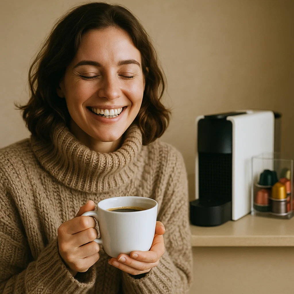 Pessoa sorrindo e segurando uma xícara de café quente, com a Nespresso Essenza Mini ao fundo, simbolizando satisfação e conforto no inverno.