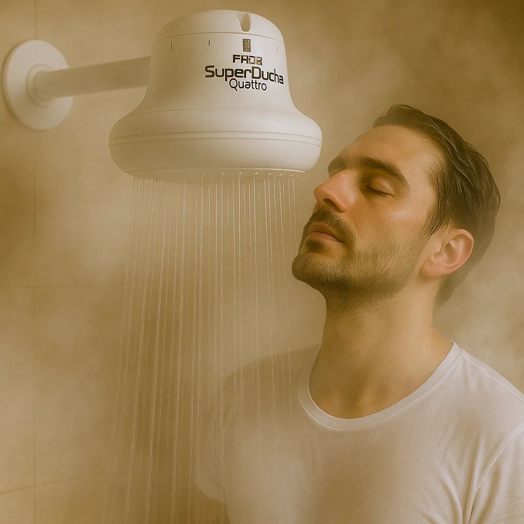 Pessoa tomando um banho relaxante sob o chuveiro Super Ducha Quattro, com vapor e sensação de conforto.