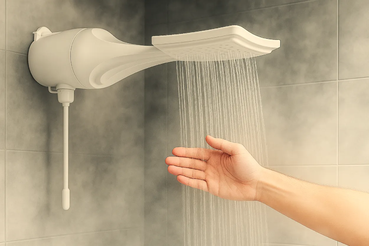 Mão conferindo um banho quente e com vapor, simbolizando o conforto de um bom chuveiro no inverno.