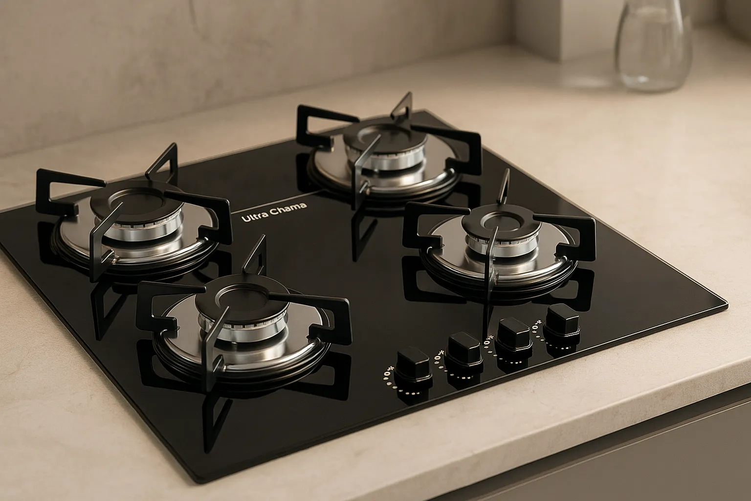 Bancada de cozinha moderna e compacta com um cooktop a gás de 4 bocas instalado, mostrando a otimização do espaço.