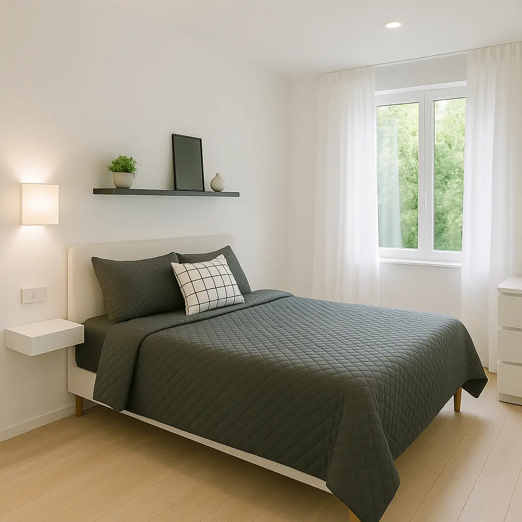 Quarto com decoração minimalista, piso de madeira clara, e cortinas leves, ideal para evitar acúmulo de poeira para quem tem rinite