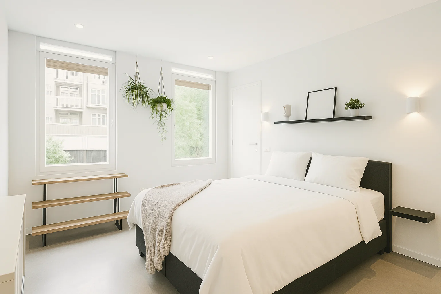 Quarto clean e organizado com luz natural entrando pela janela, transmitindo sensação de ambiente saudável e arejado, ideal para quem tem rinite