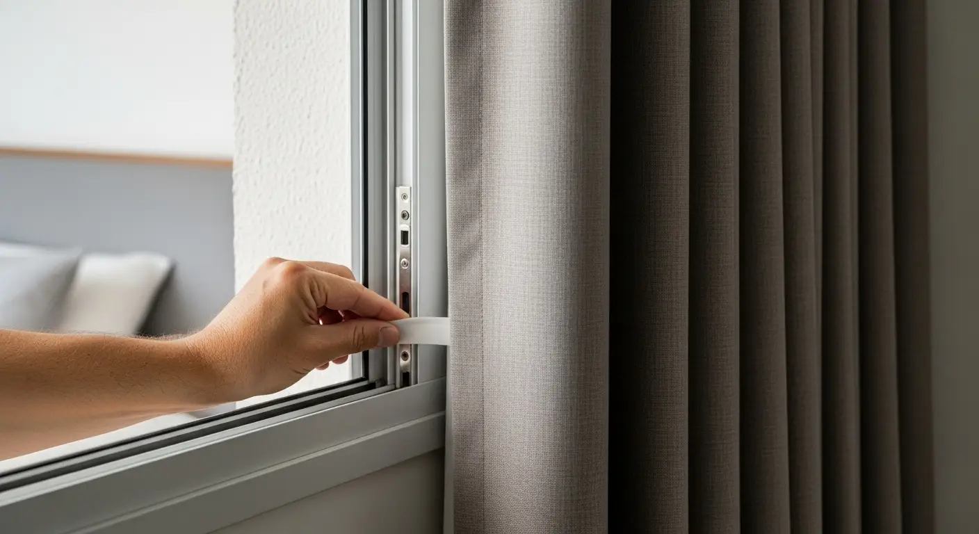Detalhe de uma janela de quarto com uma cortina de tecido pesado e forro blackout fechada. Ao lado, uma mão aplicando uma fita veda fresta no batente.
