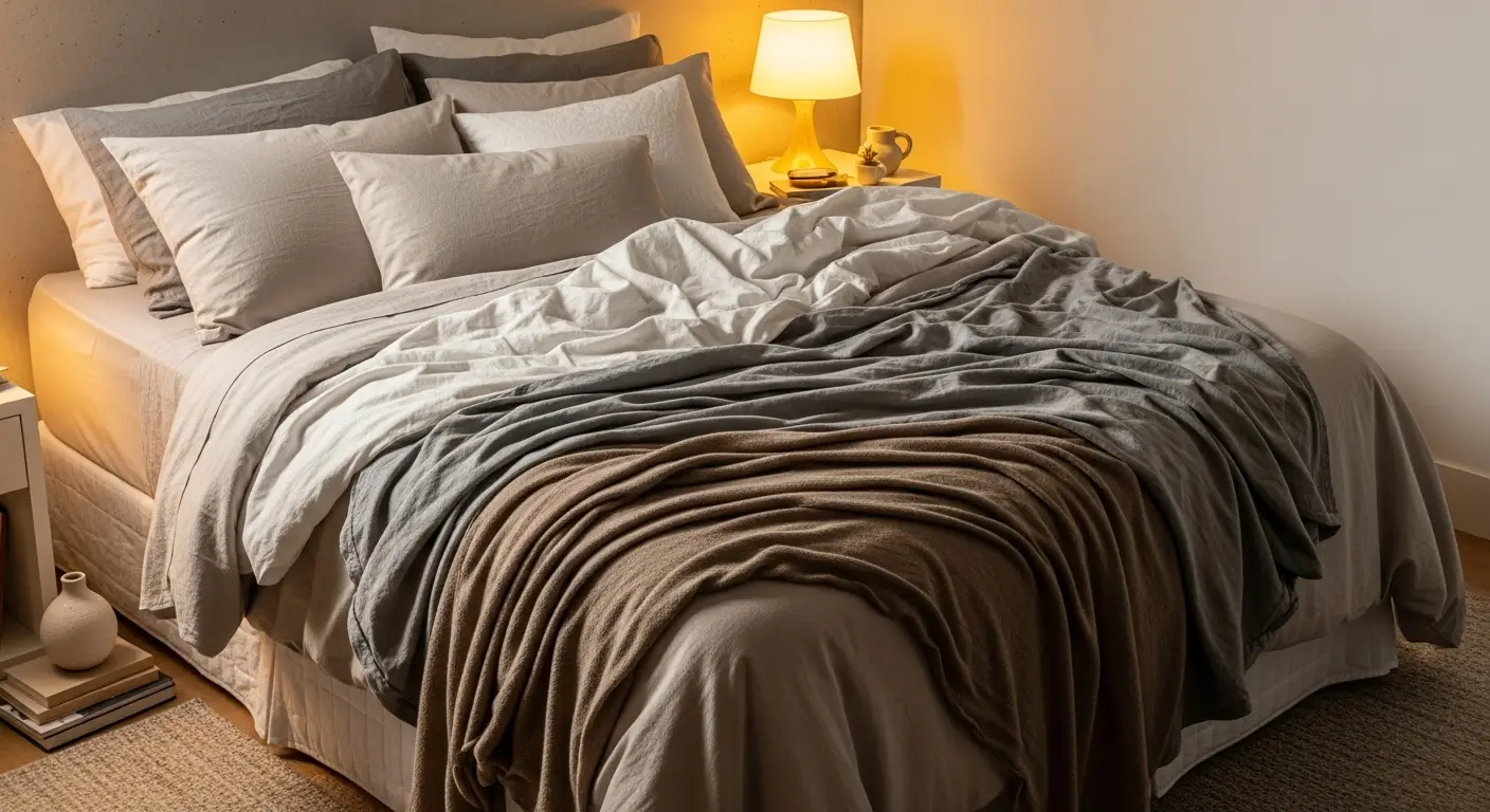 Close de uma cama com várias camadas de têxteis de inverno, incluindo um edredom de plumas, uma manta de tricô grossa e almofadas de veludo. Ao lado, um tapete felpudo.