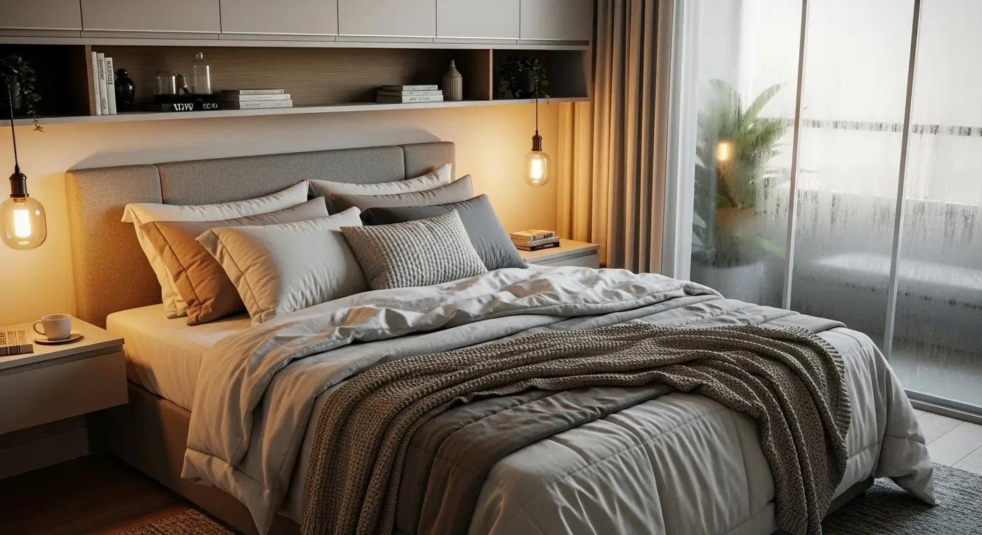 Cama de casal extremamente aconchegante, com várias camadas de mantas e edredons em tons neutros, iluminada por uma luz quente de abajur.