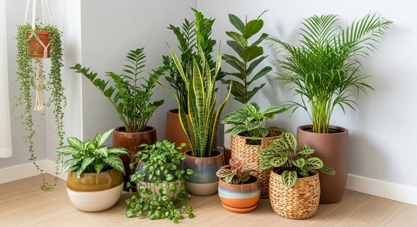 Um canto da sala decorado com diversas plantas de diferentes tamanhos em vasos de cerâmica e vime, trazendo vida ao ambiente.