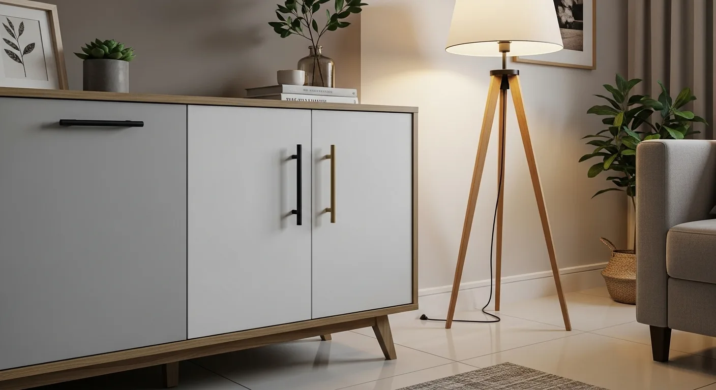Detalhe de puxadores modernos em armário e luminária de piso acessível, mostrando como pequenos detalhes renovam a decoração sem gastar muito.
