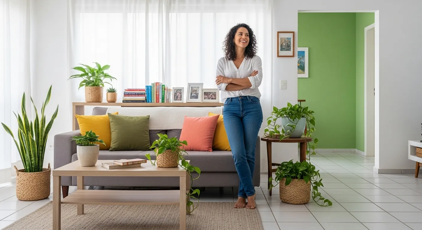 Sala de estar clara e arejada, renovada com almofadas coloridas, plantas e uma nova pintura na parede de destaque, mostrando uma decoração bonita e barata.