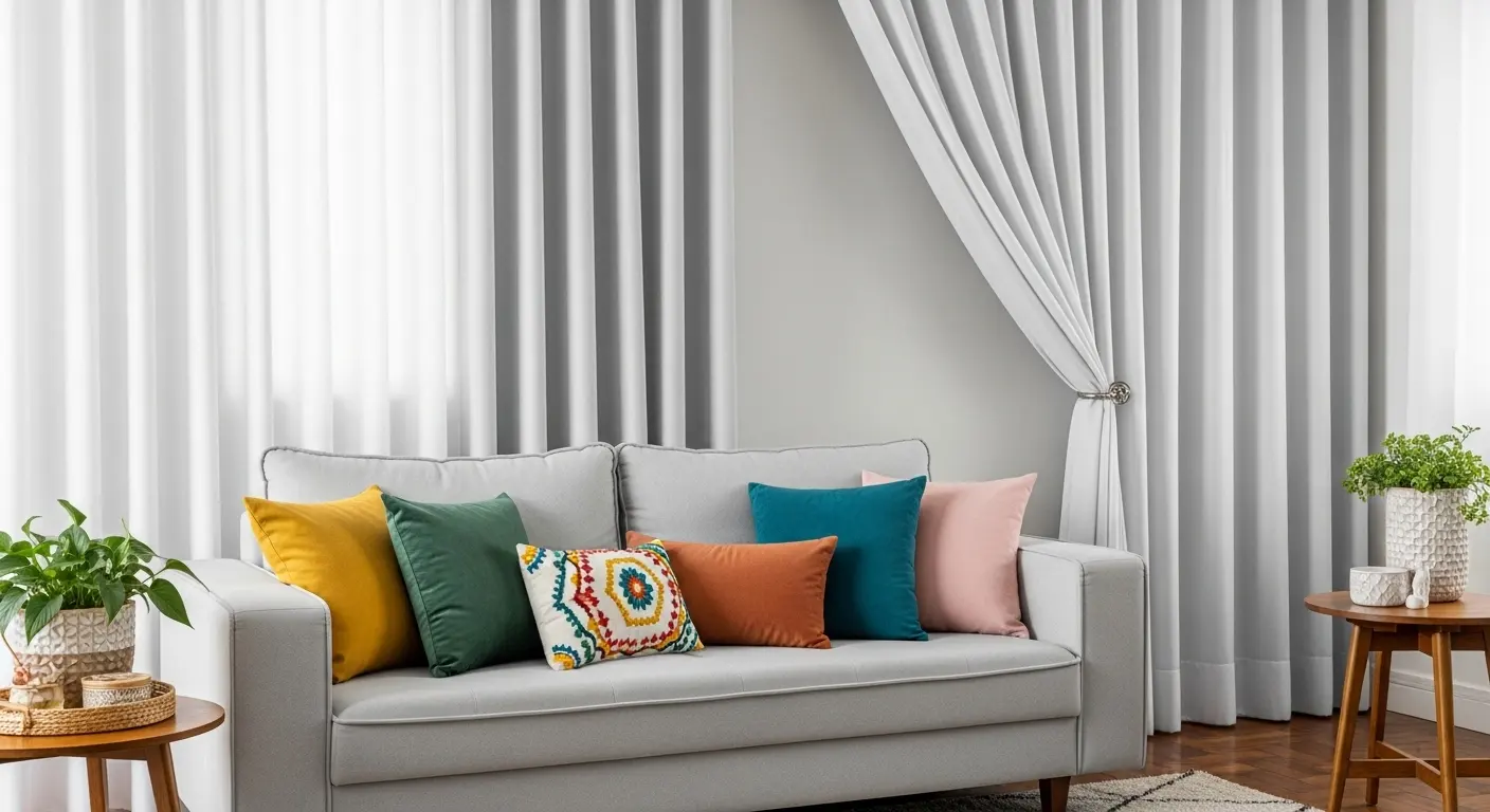 Sofá neutro decorado com almofadas coloridas e cortinas longas do teto ao chão, mostrando como têxteis transformam a decoração gastando pouco.