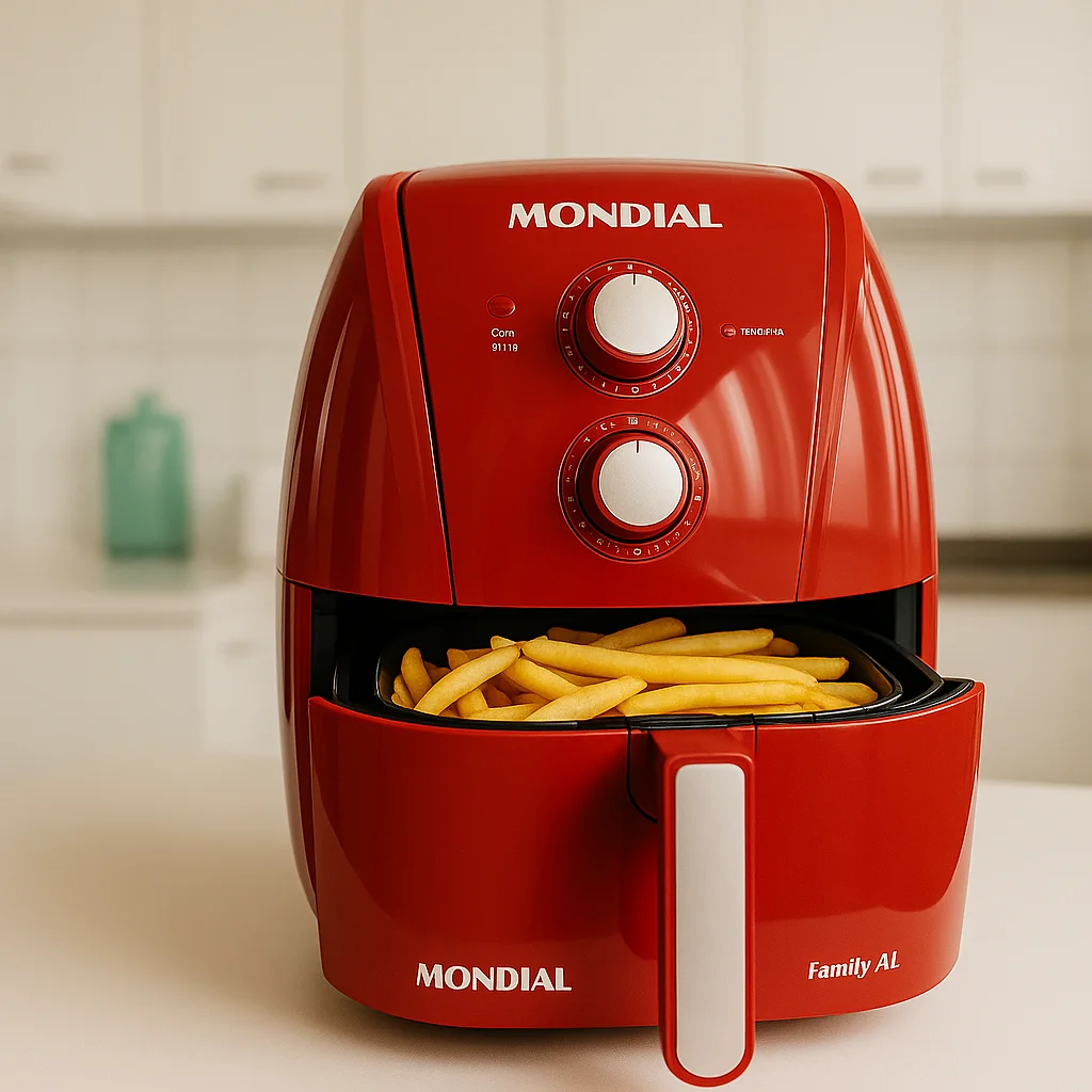 Air Fryer Mondial com batata frita saudável preparada, destacando a praticidade e a tecnologia sem óleo.