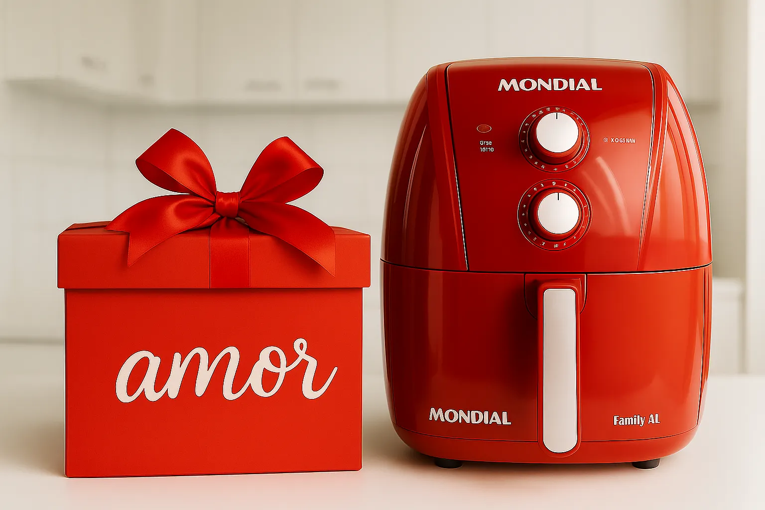 Air Fryer Mondial AFN-40-FR Vermelha em uma cozinha moderna, destacando-se como presente útil de Dia dos Namorados.