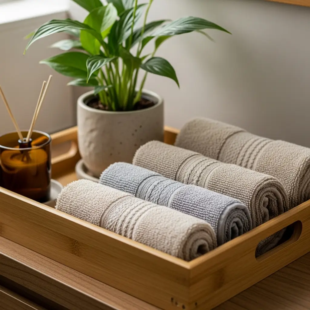 Bandeja de bambu com toalhas dobradas e uma planta, mostrando o uso de acessórios e texturas para decorar.