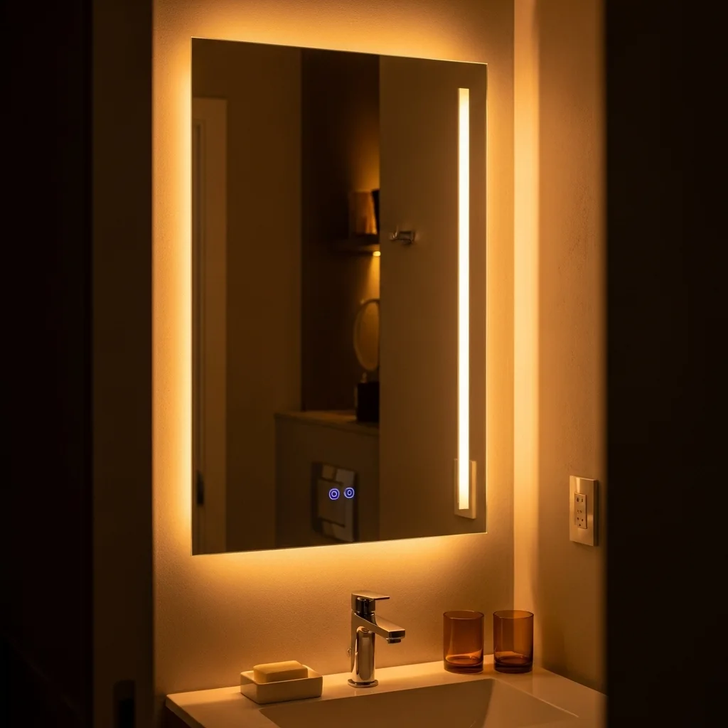 Espelho de banheiro com iluminação de LED indireta e quente, criando um ambiente acolhedor e chique.