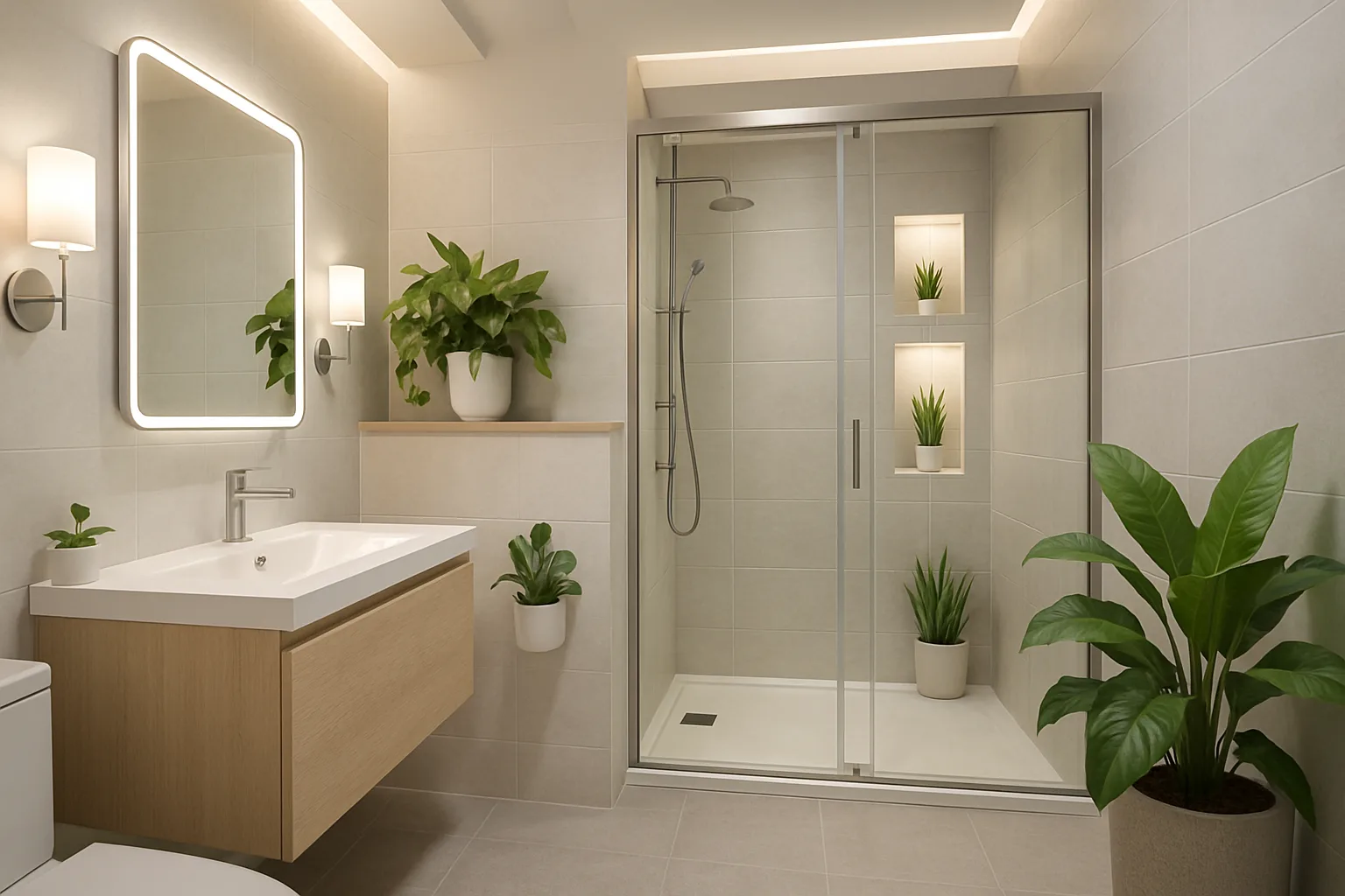 Banheiro moderno sem janela com iluminação estratégica e plantas, parecendo arejado
