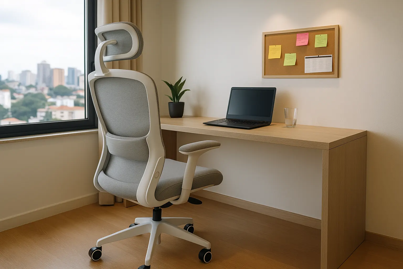 Cadeira ergonômica Python Fly em um escritório moderno e funcional, com suporte lombar em destaque