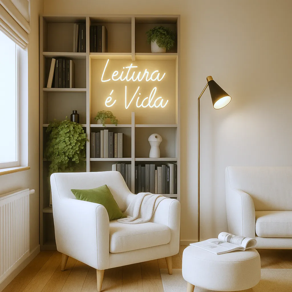 Cantinho de leitura na sala com poltrona aconchegante, planta, luminária de chão e quadros decorativos, ideal para fotos 'instagramáveis'