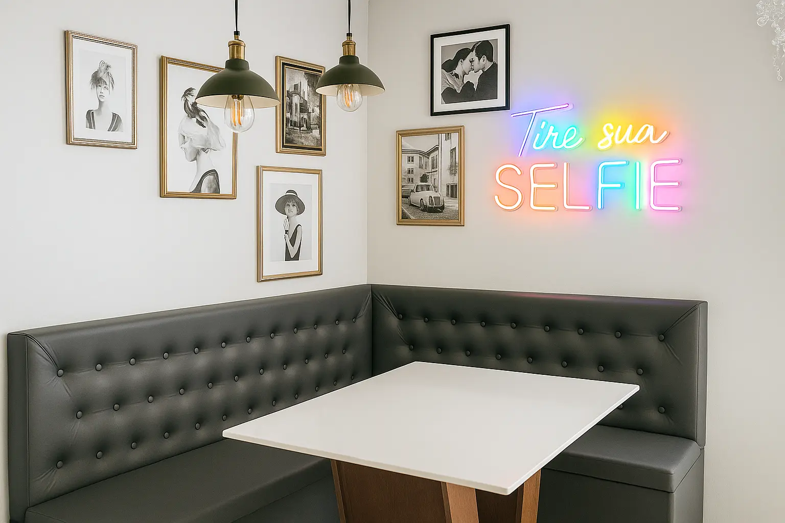 Sala de jantar com um cantinho aconchegante e bem iluminado, perfeito para fotos e conteúdo de redes sociais