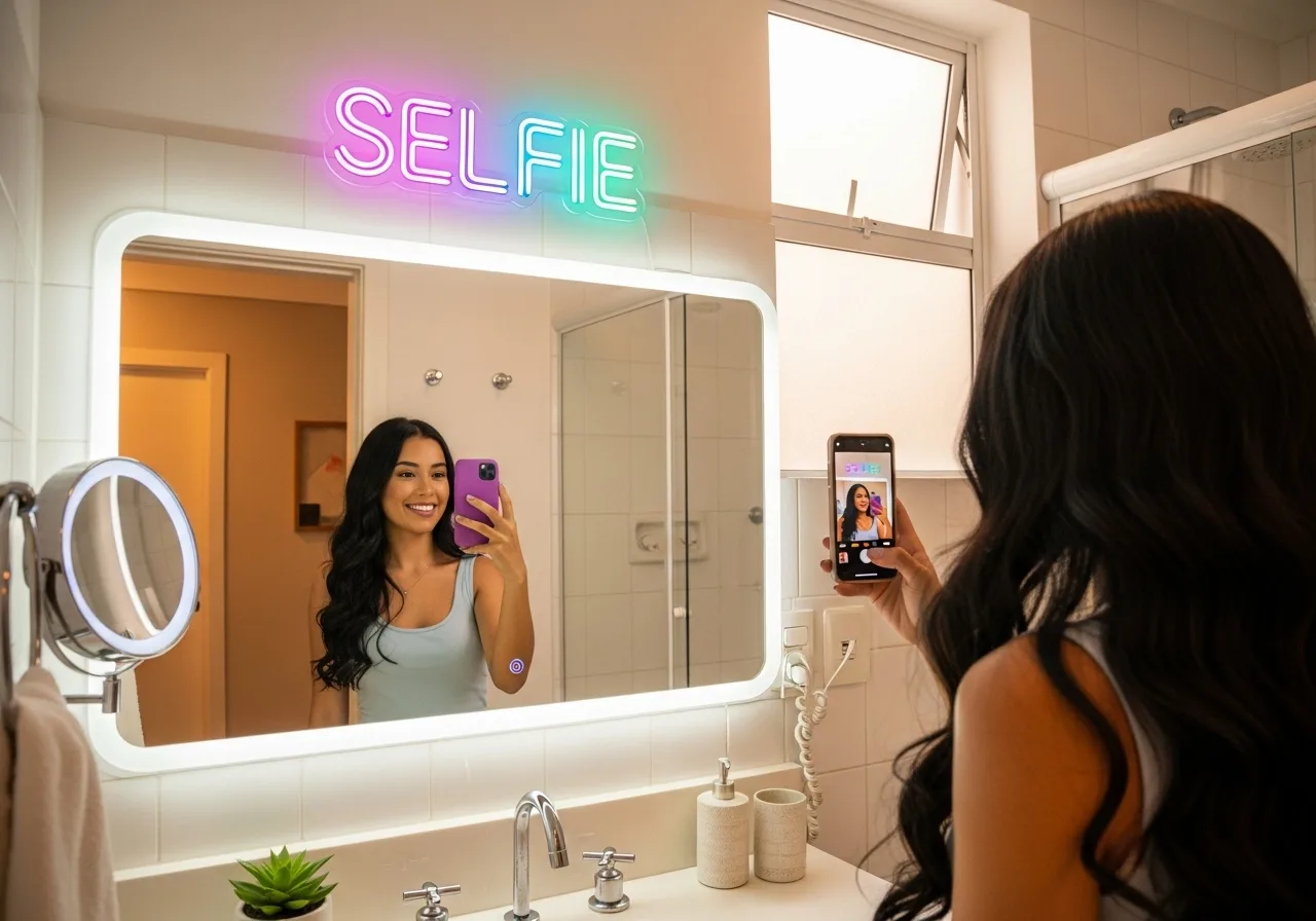 Selfie no banheiro com espelho iluminado, plantas e produtos organizados em bandejas, para fotos de rotina de autocuidado