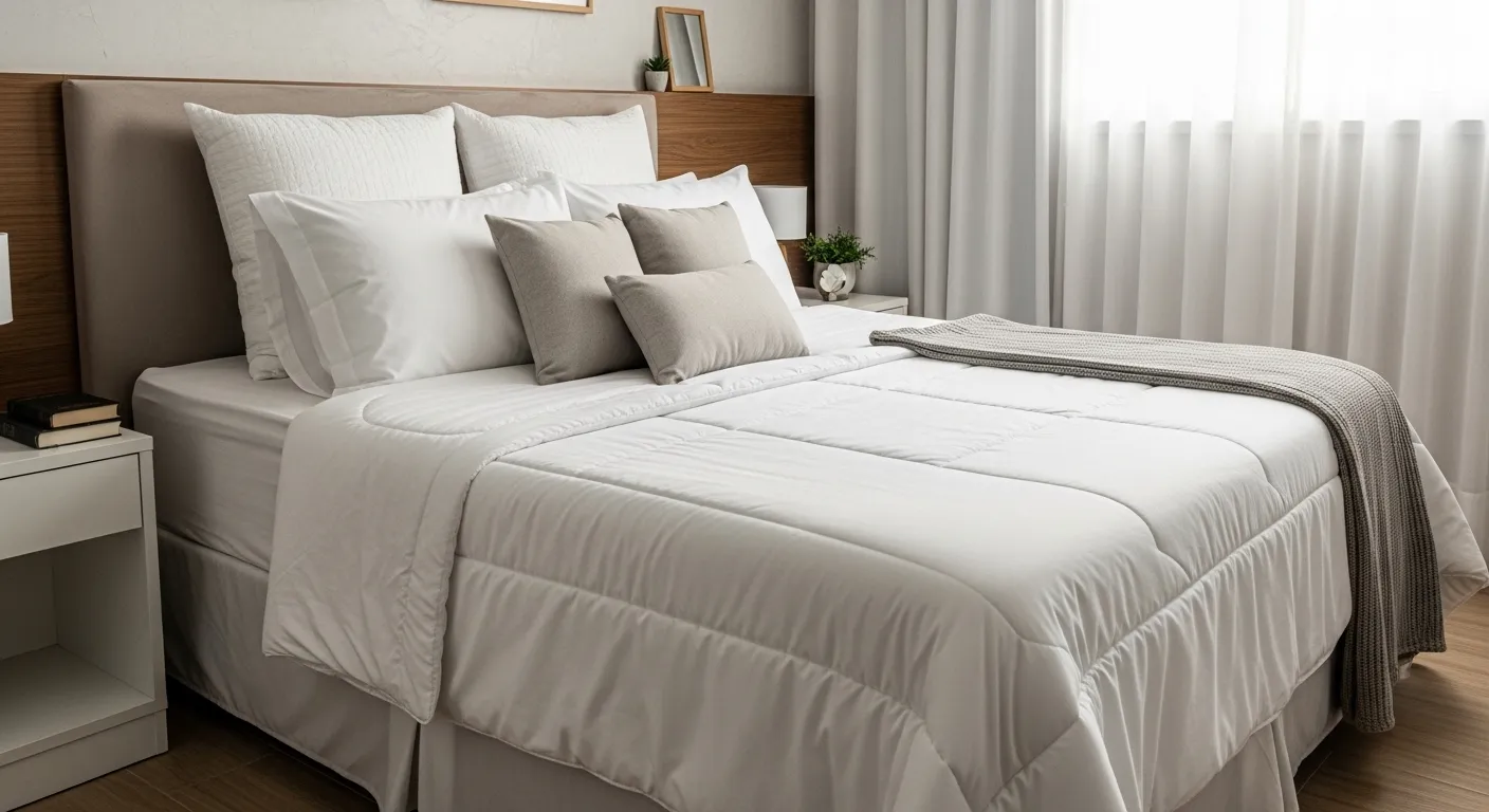 Cama de casal perfeitamente arrumada com várias camadas de travesseiros e edredom branco, evocando um quarto de hotel de luxo.