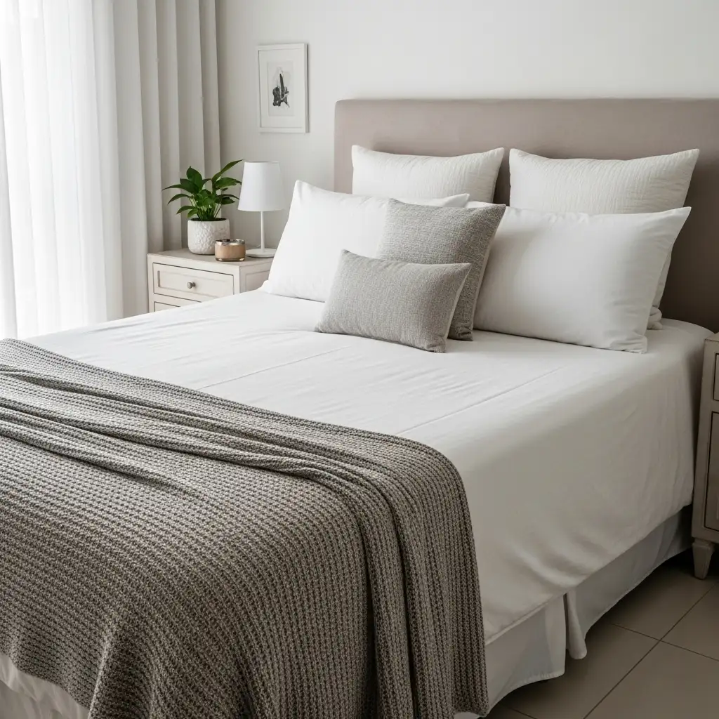 Cama de casal com lençol branco, vários travesseiros e manta de tricô, transmitindo sensação de luxo e conforto de hotel.