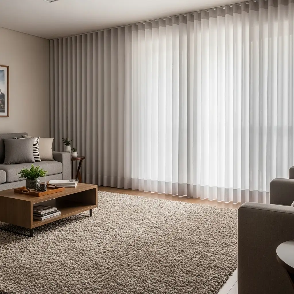 Sala com cortinas do teto ao chão e tapete macio, criando sensação de aconchego e sofisticação.