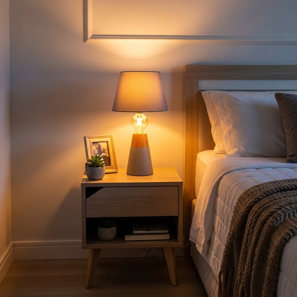 Abajur com luz quente e suave ao lado de uma cama, criando uma atmosfera acolhedora e íntima.