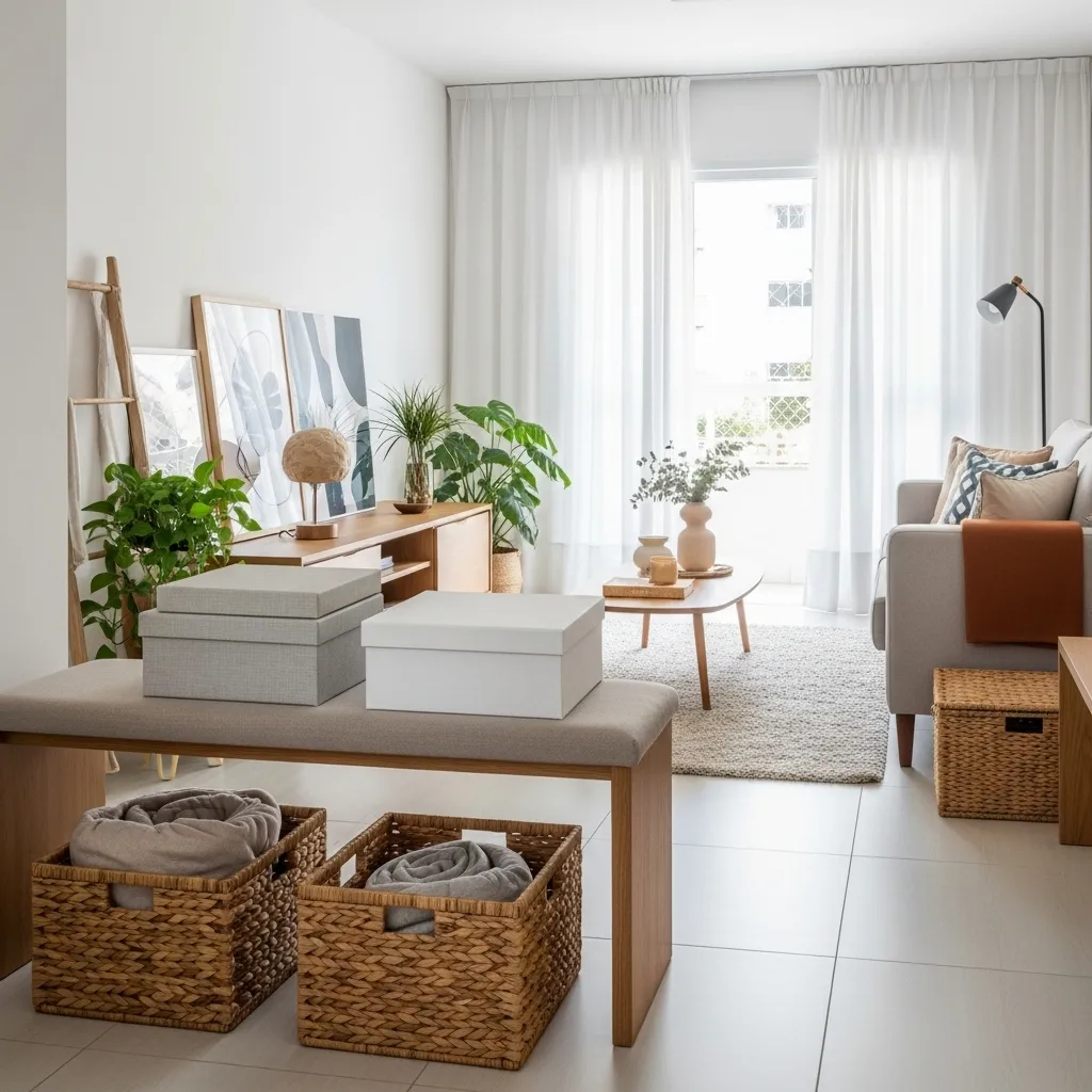 Sala organizada com caixas decorativas e cestos de vime, transmitindo sensação de ordem e elegância.