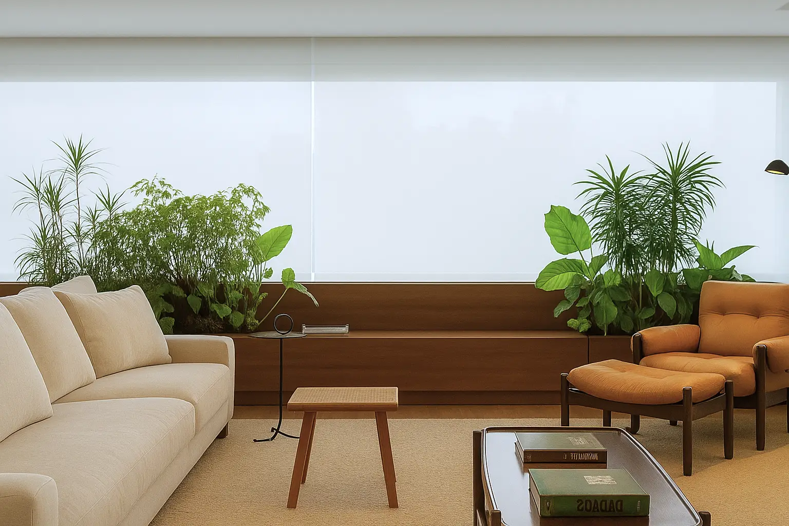 Sala com jardim integrado e móveis de materiais reciclados e sustentáveis.